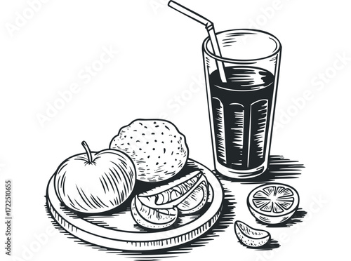 Juice glass with fresh fruits and citrus slices on plate. Vector hand drawn illustration