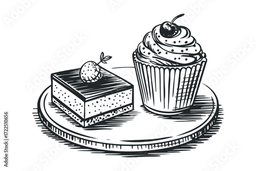 Sketch of Pastry and Cupcake on a Plate. Vector hand drawn illustration