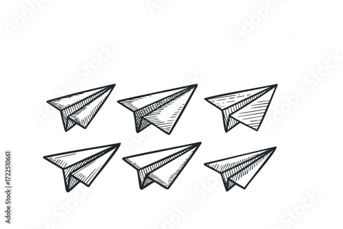 Six hand-drawn paper airplanes in a row. Vector hand drawn illustration