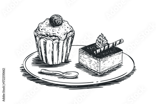 Sketch of a cupcake and sliced cake with spoon on a plate. Vector hand drawn illustration