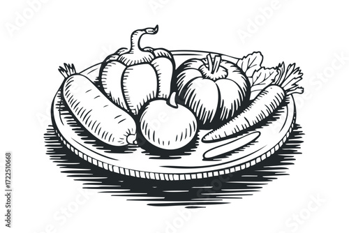 Hand drawn vegetables on a wooden platter. Vector hand drawn illustration