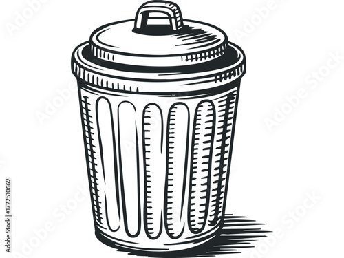Sketch of Metal Waste Bin with Lid and Shadow. Vector hand drawn illustration