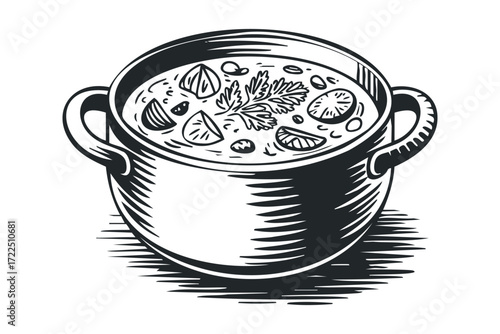 Wholesome Stew in Cooking Pot with Vegetables and Herbs. Vector hand drawn illustration