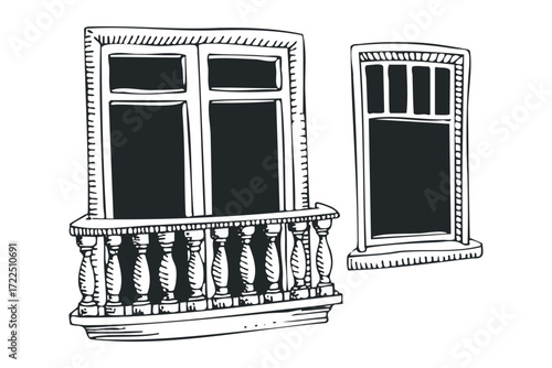 Sketch of a balcony and window with ornate railings. Vector hand drawn illustration