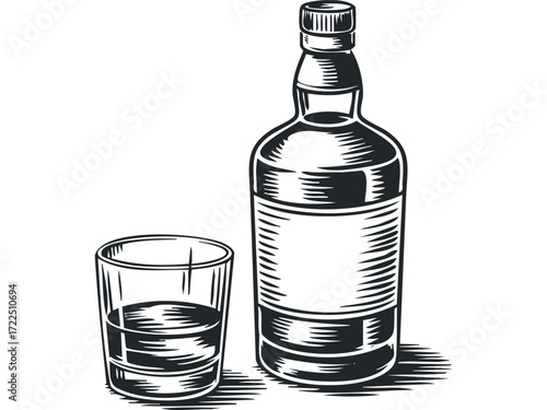 Whiskey bottle and glass. Vector hand drawn illustration