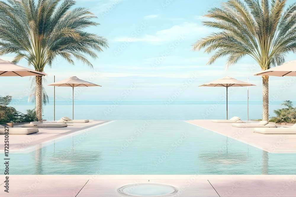 Fototapeta premium Tropical resort summer vibes with empty poolside.