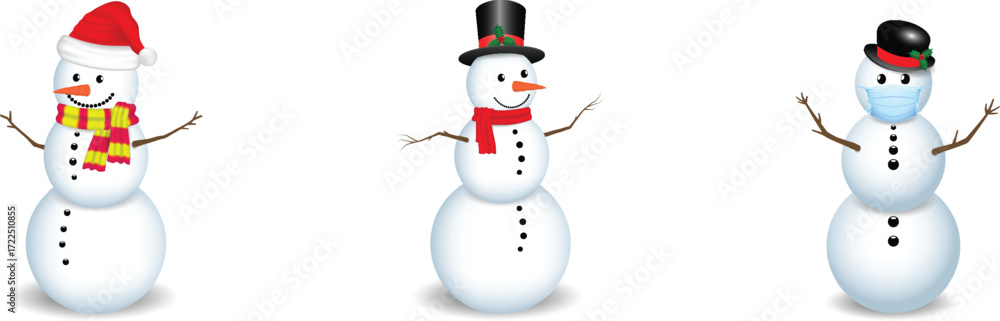 Fototapeta premium Classic Cartoon Snowman with Black Top Hat and Red Scarf on White Background
