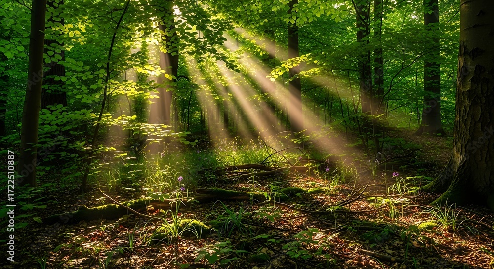 Obraz premium Sunlight streams through dense forest canopy illuminating lush green foliage and forest floor in magical way