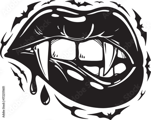 Vampire Lips Vector Silhouette Gothic Mouth with Fangs
