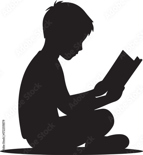 Boy Reading Book Silhouette Educational Black and White Icon