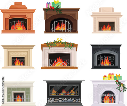 Set of Cozy Christmas Fireplaces Decorated with Holiday Garlands and Gifts