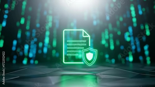 Cybersecurity Protection With Document Shield Icon Over Green Digital Background For Data Safety And Compliance In Modern Technology