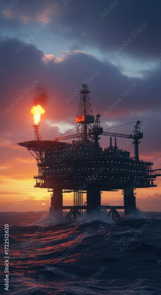 Obraz premium Offshore oil rig at sunset with fiery flare stack