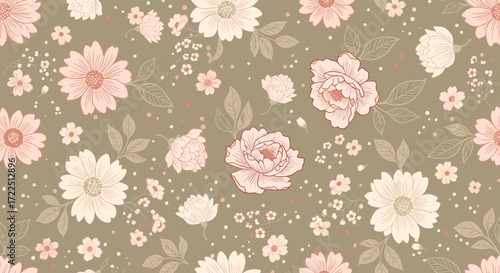 A vintage-inspired floral pattern with blush pink and cream flowers on a muted olive green background.