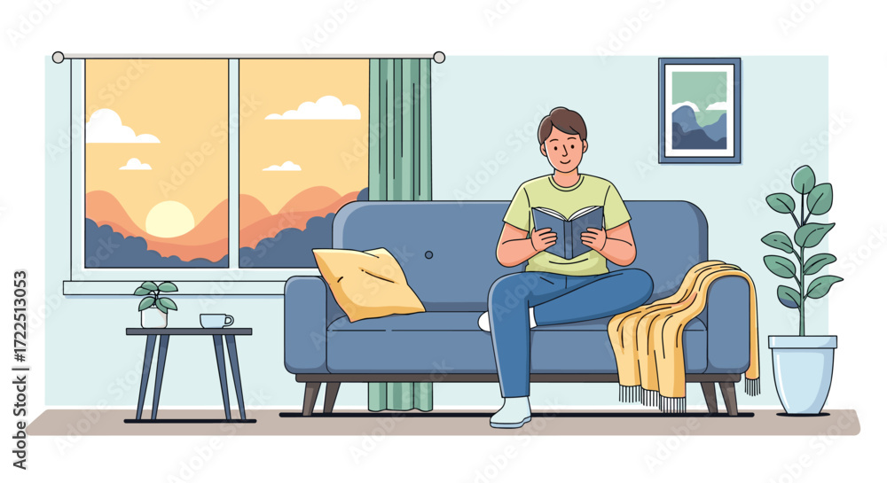 Fototapeta premium Man reading a book on the sofa in a cozy living room vector illustration of a relaxing scene perfect for lifestyle and home decor concepts