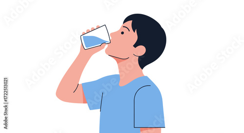 Man drinking water from a glass hydrating and refreshing isolated vector illustration on white background