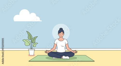 Woman meditating in lotus position peaceful yoga practice for relaxation and mindfulness vector illustration on a mat
