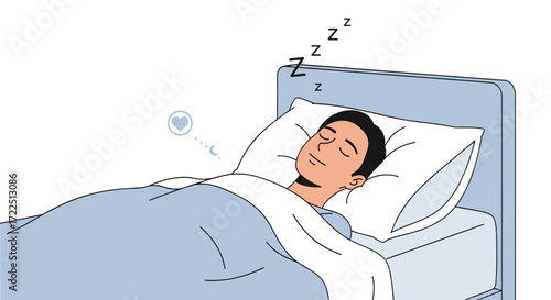 Man sleeping peacefully in bed comfortable rest and relaxation vector illustration on white background