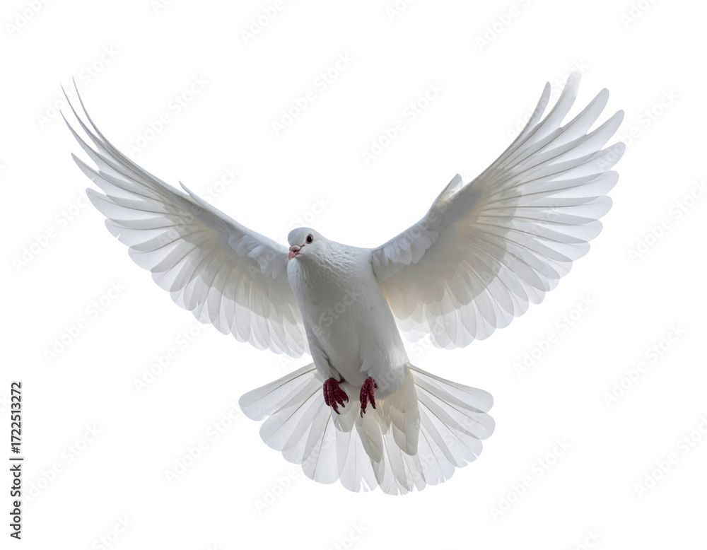 Obraz premium a white dove with outstretched wings symbolizing peace and purity is captured mid-flight against a bright white background its graceful form conveys a sense of freedom and tranquility 