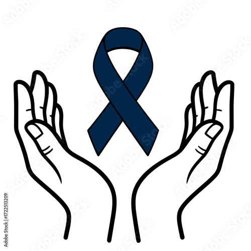 Hands holding a navy blue ribbon vector illustration for colon cancer awareness support and solidarity campaign