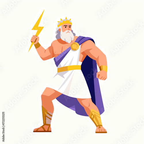 Illustration of Zeus holding a lightning bolt Greek mythology figure in a flat vector design isolated on white background