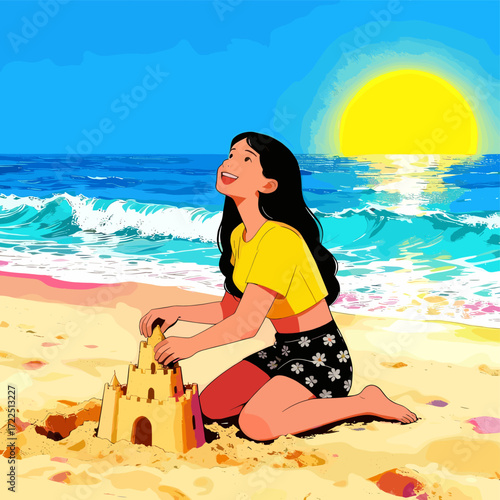 Young woman building a sandcastle on the beach enjoying summer vacation vector illustration
