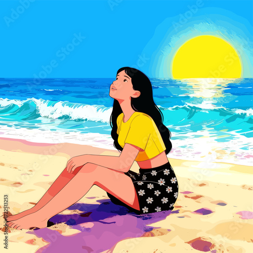 Young woman sitting on the beach enjoying the sunshine and ocean view vector illustration for summer vacation and travel concepts