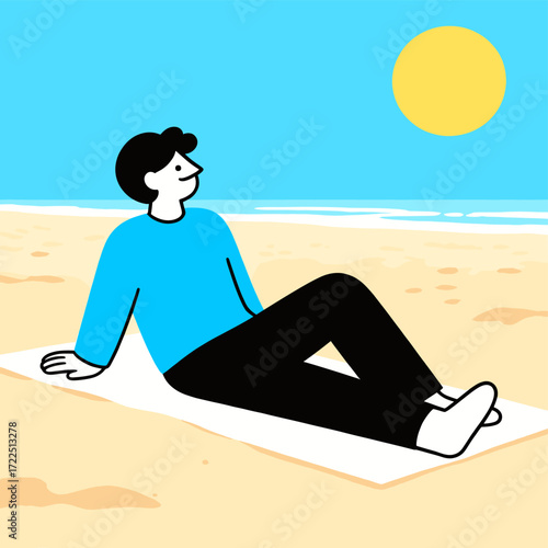 Man relaxing on the beach enjoying the sunshine a flat vector illustration for summer vacation themes