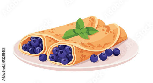 Delicious crepes filled with fresh blueberries and garnished with mint leaves.