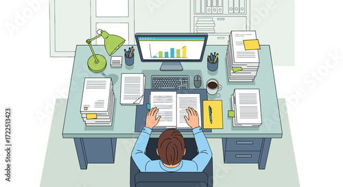 Person working at desk with documents and computer Business work concept Flat vector illustration Top view
