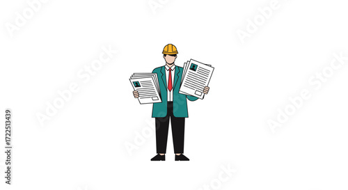 Engineer holding blueprints construction documents Flat design illustration Isolated on white background