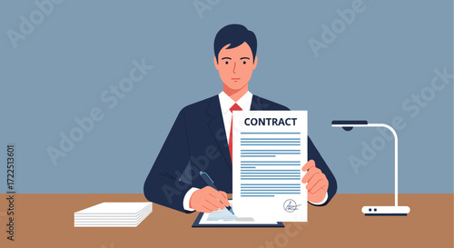 Businessman signing contract document Business agreement concept Flat vector illustration Isolated on white background