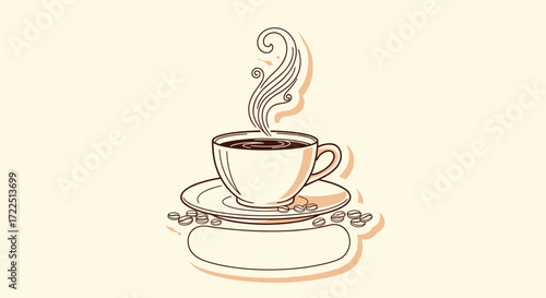 A cozy cup of steaming hot coffee on a saucer with a sweet cookie and wisps of steam rising.