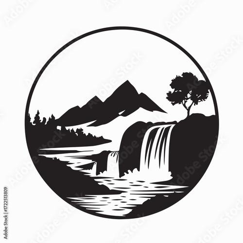 Grand Scenic Waterfall Landscape Vector Logo Nature Outdoors Design