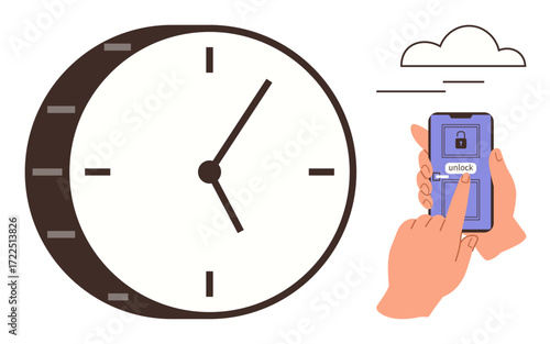 Large analog clock near hands unlocking smartphone screen with secure app. Ideal for time management, productivity, security, planning, multitasking, deadlines, efficiency. Simple flat metaphor