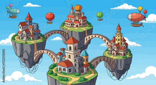 Fantasy Floating Islands with Castles and Bridges.