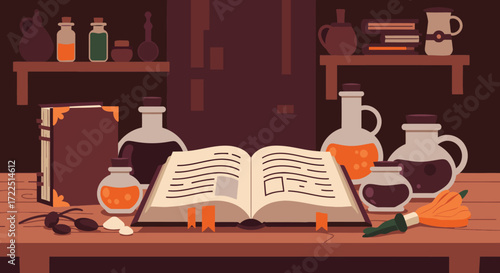 Cozy witchcraft table scene in flat style