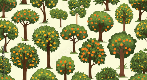 A vibrant pixel art pattern featuring a diverse collection of stylized orange trees in full bloom and laden with fruit against a light cream background.
