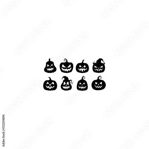 Halloween pumpkin vector set with 12 spooky jack-o’-lantern faces. Creepy carved pumpkins with scary and funny expressions. 