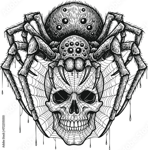 Spider clutching skull with dripping threads
