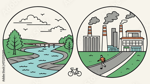 Before and After City Pollution Control Vector with Clean River, Bike Lanes, Volunteers and Green Rooftops