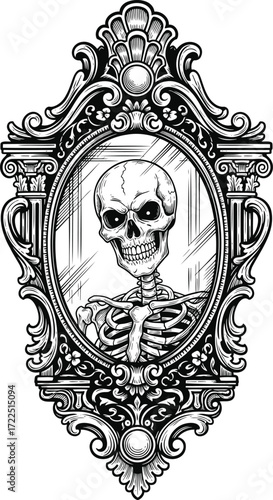 Baroque mirror with miniature skeleton portrait
