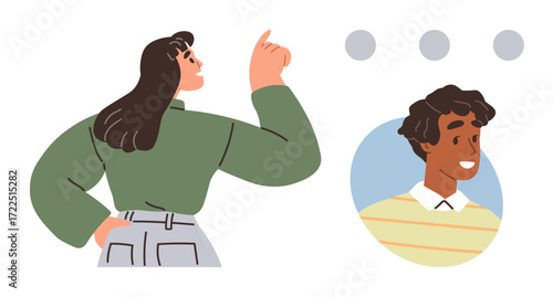 Woman confidently pointing as if explaining or instructing, smiling mans profile in a circle. Ideal for communication, teamwork, leadership, diversity, education, networking mentorship. Simple flat