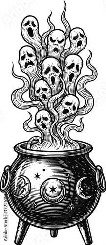 Boiling cauldron with skull-shaped vapors