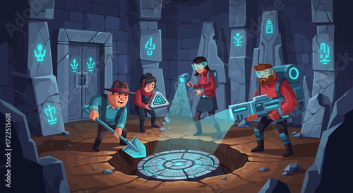 Four adventurers exploring a mysterious underground chamber with ancient symbols and a hidden manhole.