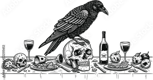 Raven still life on skull with wine and rotten fruit