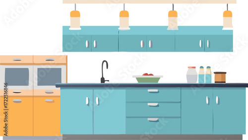 A modern kitchen with vibrant blue cabinets and a sleek sink, creating a fresh and inviting atmosphere.