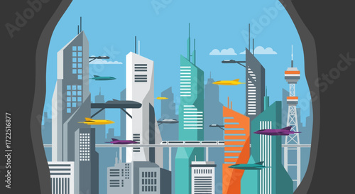 Futuristic city with flying cars and modern skyscrapers.