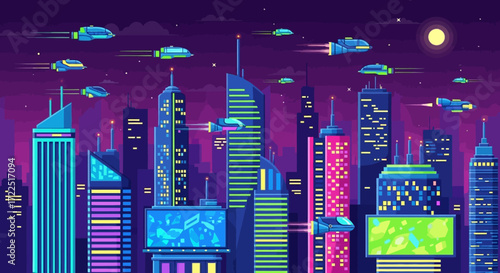 Futuristic city skyline with neon-lit skyscrapers and flying vehicles at night.
