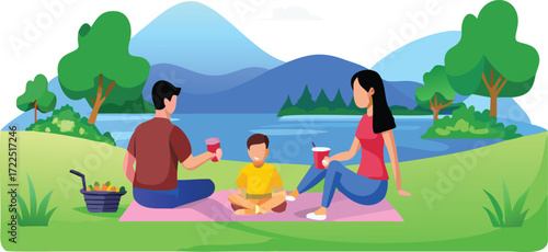 A colorful vector illustration depicting a family having a picnic in a park, with a blanket and various picnic items.
